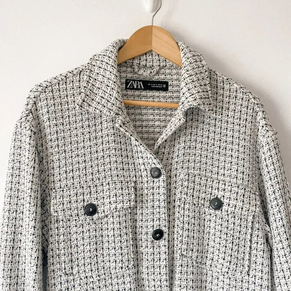 Zara Textured Weave Fringe Hem Overshirt Shacket Jacket White Black Sz Medium - Picture 7 of 11
